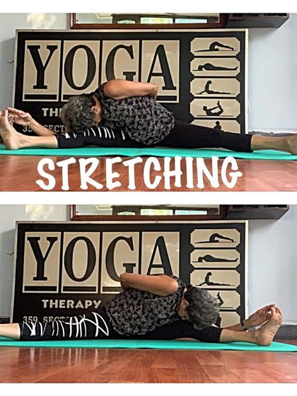 A two-part image showing variations of Janu Sirsasana, or head-to-knee pose. This demonstrates different stages of the forward bend and twist.