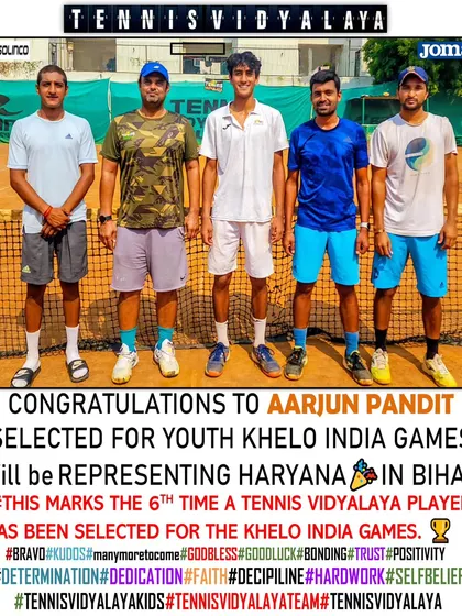 Congratulations to Aarjun Pandit on his selection for the Youth Khelo India Games, where he will represent Haryana. This marks the 6th time a Tennis Vidyalaya player has been selected for these prestigious games.