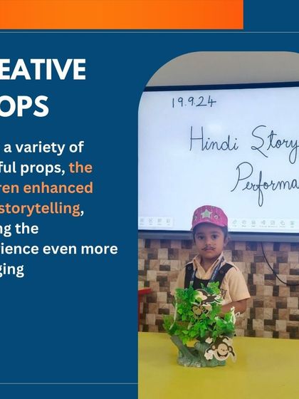 Creative props enhance the storytelling experience, making it more engaging for everyone. This KG student used a variety of colorful props to bring her story to life, showcasing her creativity and preparation.