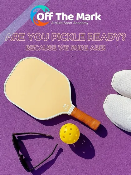 Are you pickle-ready? Because I sure am! This graphic announces the launch of pickleball at my academy, with a paddle, ball, and shoes laid out on the court, ready for you to start playing.