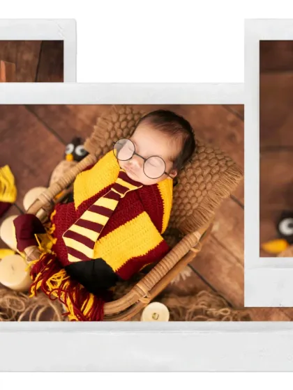 For the fans of magic, we offer creative themed newborn shoots like this adorable Harry Potter setup. Complete with a Gryffindor scarf and glasses, it's a whimsical way to celebrate your new arrival.