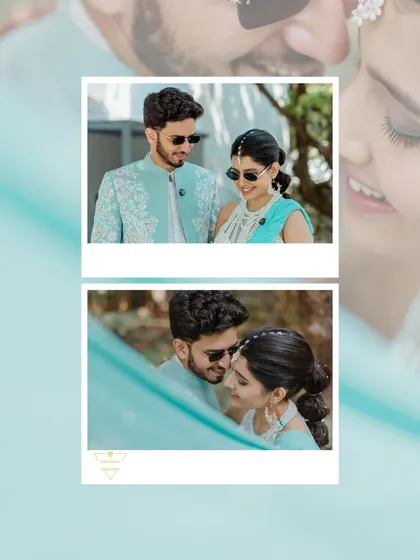A collage of the couple's portraits, showcasing their stylish sunglasses and chic outfits for their outdoor Haldi.