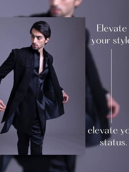 A focus on an asymmetrical black Indo-Western jacket. The clean lines and modern cut are designed to elevate your style and status.