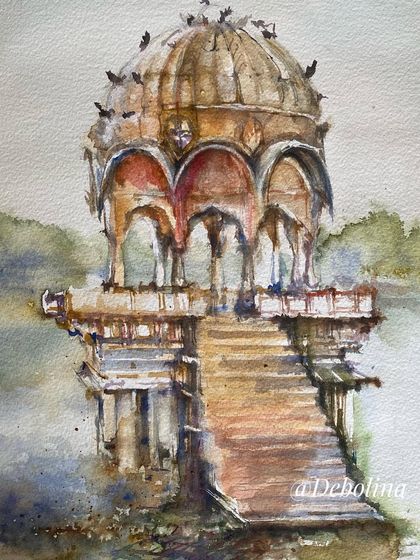 A watercolor painting of a beautiful lakeside monument in Rajasthan. The architecture of this state is endlessly inspiring, and I love capturing its beauty on paper.