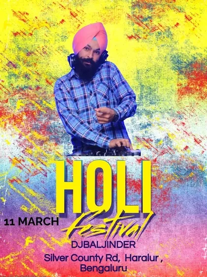A poster for a Holi festival party at a private residential society in Haralur, Bengaluru.
