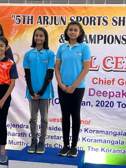 Our shooters at the Arjun Shooting competition podium. We are happy to announce that students with just a short period of practice won multiple medals, including several golds and silvers.