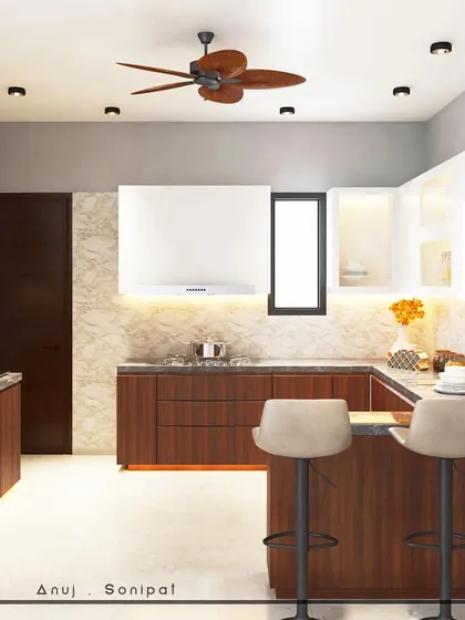 An alternate kitchen design for the same Sonipat home, this time featuring rich wooden lower cabinets paired with white upper cabinets and a breakfast bar with seating for two.