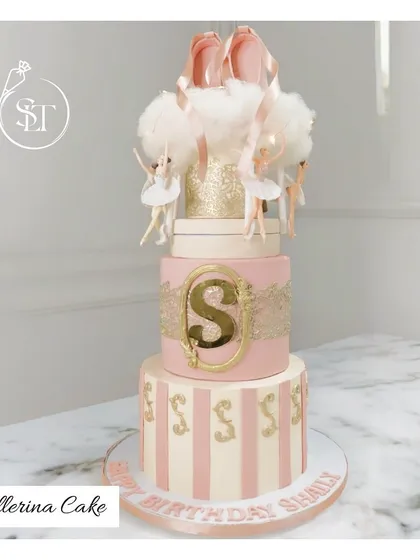 An elegant and whimsical ballerina cake for Shaili's birthday, featuring a multi-tiered design with ballet slippers and dancing ballerinas.