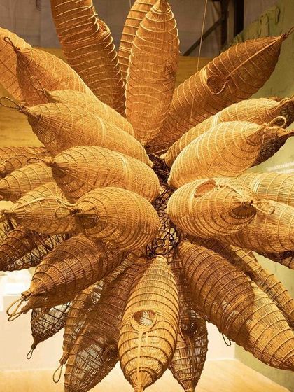 A close-up of the woven fish trap sculpture from 'Edge of the Forest'. The intricate weaving and natural material speak to the theme of finding wisdom in ancestral traditions.