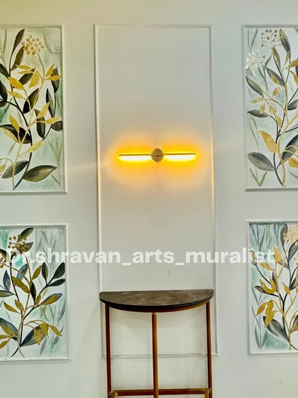 A multi-layered mural featuring four framed panels of botanical art with gold foil accents. This is a classic and elegant way to decorate a foyer or hallway.