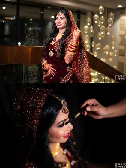 A collage showing the bride getting ready and a beautiful portrait of her in her rich velvet lehenga.