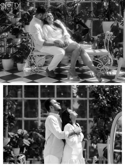 Black and white conversions of the greenhouse photos. This timeless style emphasizes the light, shadows, and the emotional connection between the couple.