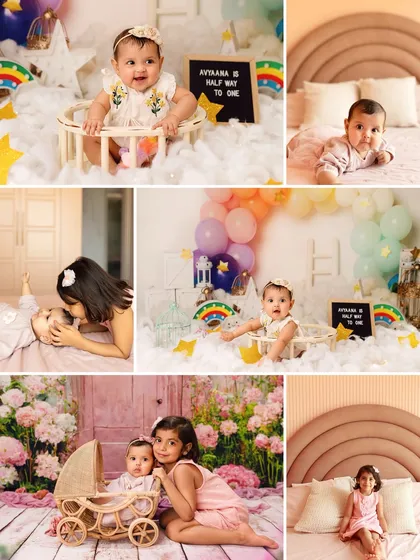 A collage showcasing a beautiful sibling photoshoot with a "halfway to one" theme, including individual shots and sweet moments together.
