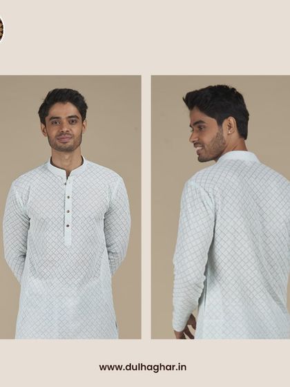 A two-panel image showing the front and back of a light blue patterned kurta, highlighting its design and fit.