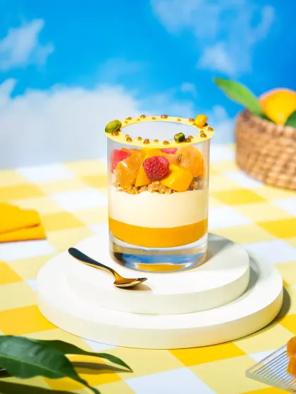 A layered mango parfait in a glass, presented on a white pedestal against a sunny, picnic-themed background. The bright colors and clean composition make it look refreshing and delicious.