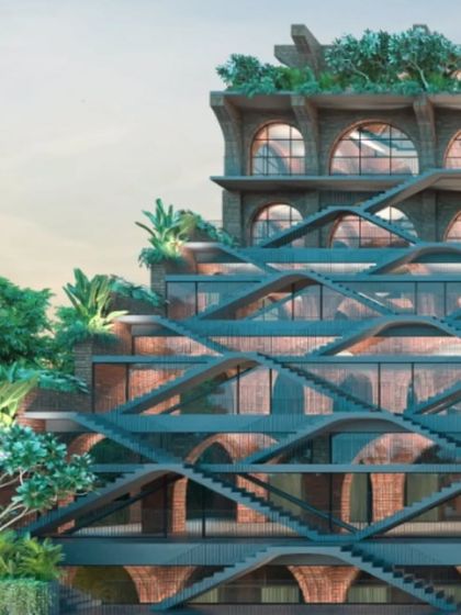 A closer look at the facade of Sanskriti Vihara. The design is a reinterpretation of our way of life, allowing one to walk the facade and find their own path to enlightenment.