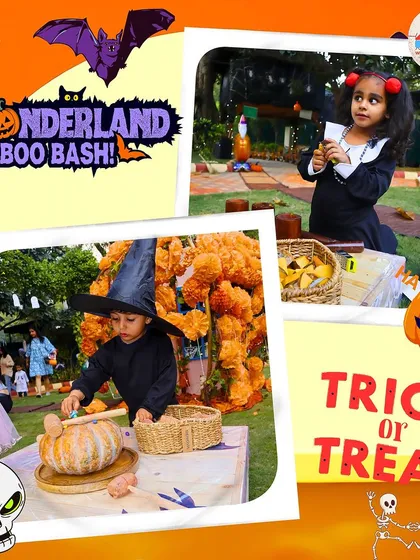 Ghostly giggles and Halloween cheer at our annual Boo Bash. Here, little witches and wizards are having fun with themed activities like hammering golf tees into a pumpkin, a great activity for developing motor skills.