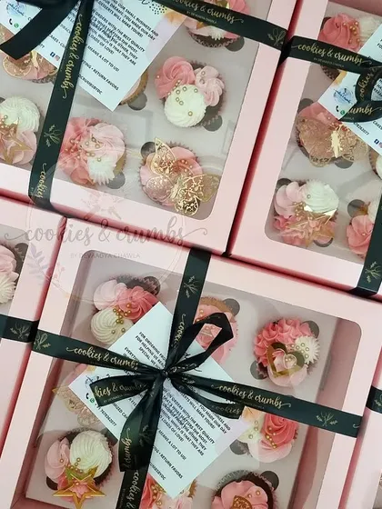 My assorted cupcake boxes are perfect for gifting. Each egg-free cupcake is decorated with delicate floral piping and elegant toppers, all packed up and ready to make someone's day.