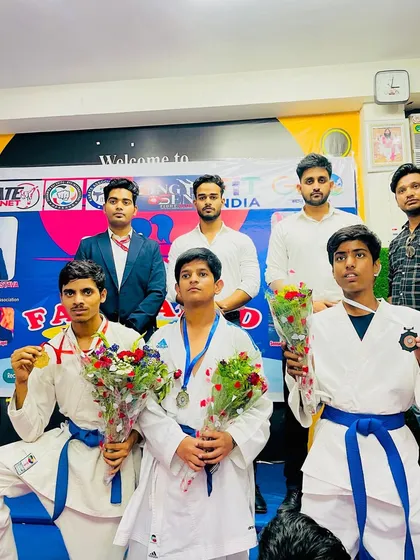 Celebrating the success of Harsh, Dhanraj, and Tushar at the Dhamika KAI District Karate Championship. All three secured gold medals in their respective age categories.