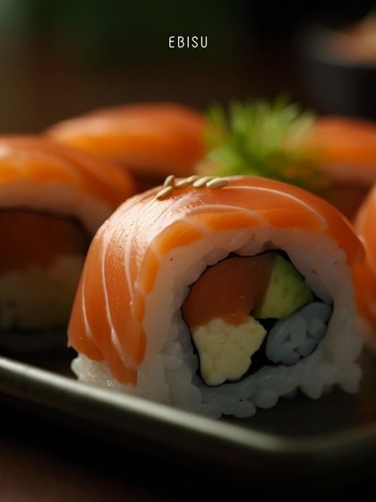 A close-up of our Philadelphia roll, featuring rich salmon wrapped around creamy cheese and fresh avocado. This classic combination is a smooth, flavorful, and utterly satisfying choice for any sushi lover.