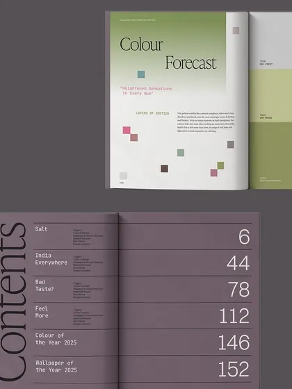 The design of a forecast report requires a delicate balance between conveying dense information and creating a compelling visual journey. This spread from the Asian Paints ColourNext 2025 report showcases our approach to publication design, using clean typography and a thoughtful layout to guide the reader.
