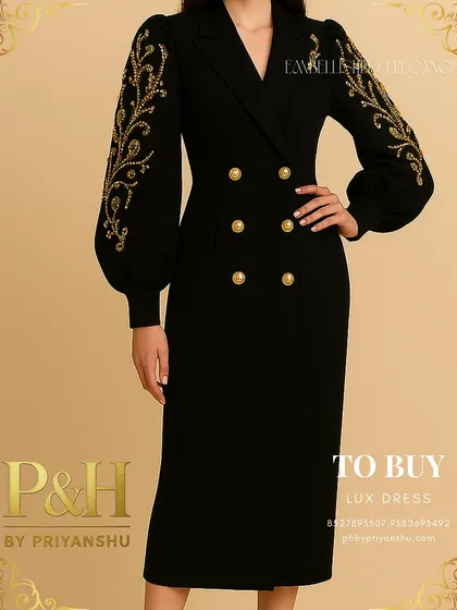 A close-up view of the black dress, highlighting the shimmering golden pearl embroidery on the sleeves. This shot emphasizes the contrast between the deep black fabric and the luxurious gold detailing.