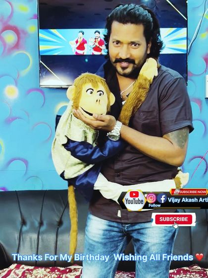 A photo of me and Chintu, thanking everyone for the birthday wishes. My puppets are a part of my family and my journey.