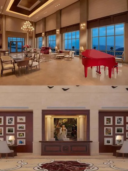 The grand lobby and reception area of ITC Tavleen, Chail. I designed these public spaces to create a powerful sense of arrival, using high ceilings, classical furniture, and a striking red piano to evoke a feeling of warmth and opulence.
