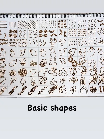 These are the 'Basic shapes' that form the foundation of all mehandi art. Mastering these simple lines, curves, and swirls is key to creating complex and beautiful patterns.