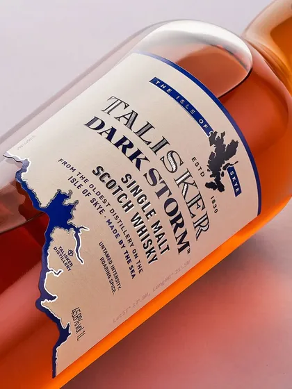 A clean, high-key shot of the Talisker Dark Storm bottle. I loved the chrome foil on the label, and this bright, angled shot was all about capturing the way it reflects light.