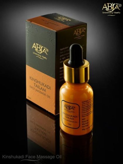 A studio shot of my Kinshukadi Face Massage Oil, a blend of potent herbs for skin rejuvenation.