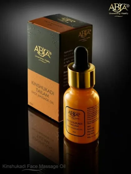 A studio shot of my Kinshukadi Face Massage Oil, a blend of potent herbs for skin rejuvenation.