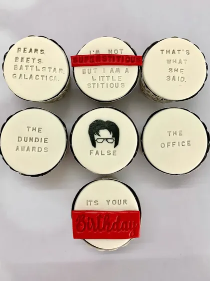 Bears. Beets. Battlestar Galactica. These custom cupcakes were a special order for a huge fan of 'The Office', featuring iconic quotes and Dwight's face. I love bringing your favorite pop culture moments to life in dessert form.
