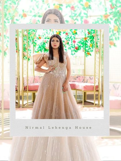 A polaroid-style shot of our beautiful client in a beige rental gown, perfect for an engagement or reception.