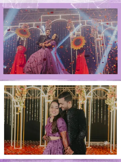 A collage showing the couple on their Sangeet stage, dancing and sharing a happy moment. It captures the fun and festive atmosphere of the event.