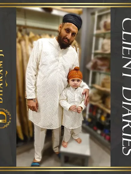 Creating matching outfits for fathers and sons is one of the most special things I do. These coordinated white kurta sets are all about making memories that last a lifetime.