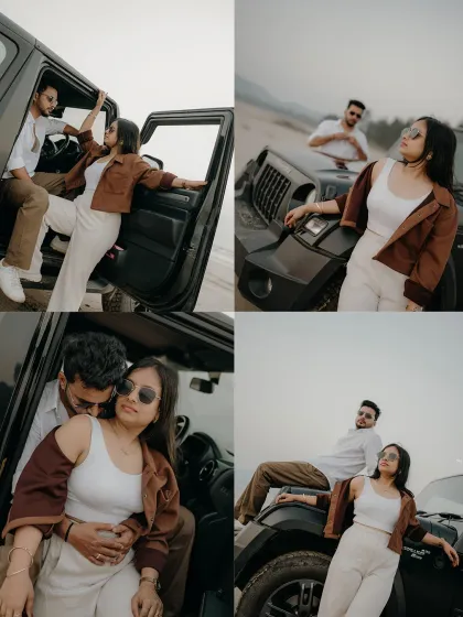 A collage of their adventurous and romantic moments with the Thar. From playful poses to intimate embraces, this collection highlights the versatility of a road trip-themed shoot.