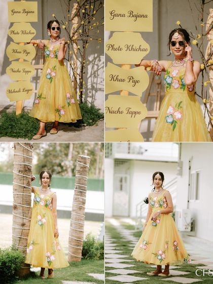 A fun collage from a Haldi or Mehendi event, complete with "Khao, Piyo, Nacho" signboards. We capture the quirky, fun details that make your celebration unique.