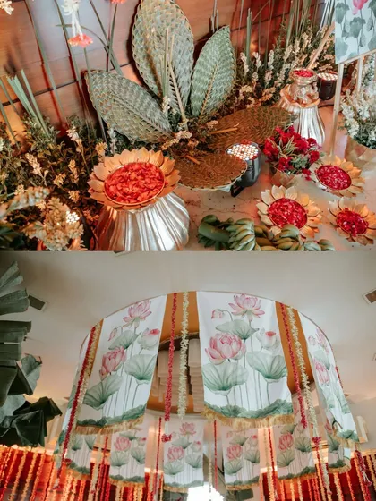 A collage showing the details of the hand-painted lotus drapes and the traditional floor arrangements.