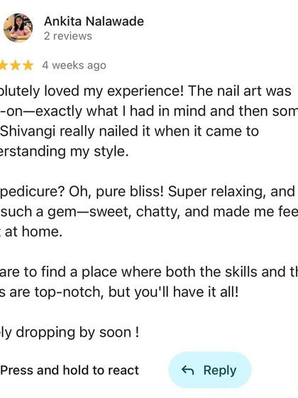 "Top-notch skills and vibes." This client loved that we understood her style for the nail art and describes her pedicure as pure bliss. We strive to deliver on both quality and experience.