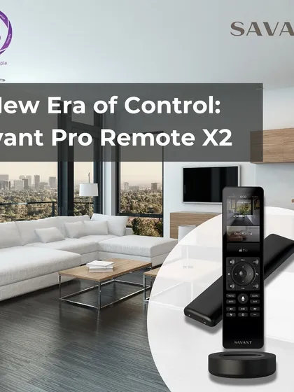 The Savant Pro Remote X2 is displayed in a modern, luxurious living room, showcasing how our technology blends seamlessly with high-end interior design. This single remote offers personalized control over your entire home environment.