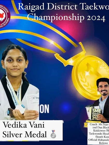 Vedika Vani showcasing her silver medal at the Raigad District Taekwondo Championship. A proud moment for our academy.
