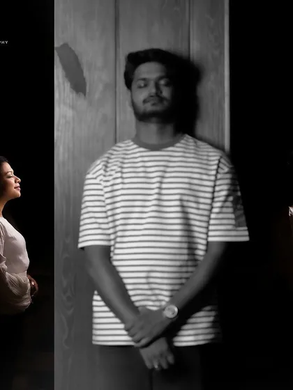 An artistic black and white collage with dramatic lighting, creating a moody and high-contrast pre-wedding portrait.