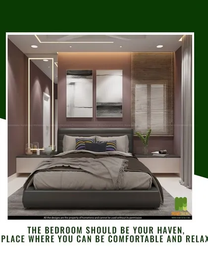 The bedroom should be your haven. This design uses a calm color palette, abstract art, and integrated bedside lighting to create a place where you can be comfortable and relaxed.