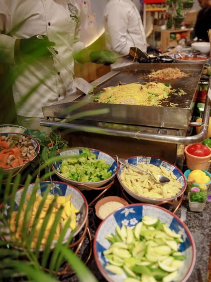 A selection of fresh, chopped vegetables ready for the live noodle station. We use high-quality ingredients to prepare all our party food.