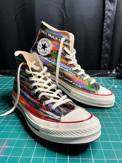 The finished pair of bohemian-style custom Converse.
