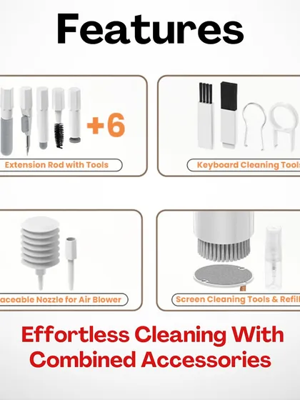 A detailed look at the features of the 20-in-1 cleaning kit. It includes an extension rod with multiple tools, keyboard cleaning accessories, a replaceable air blower nozzle, and screen cleaning tools.