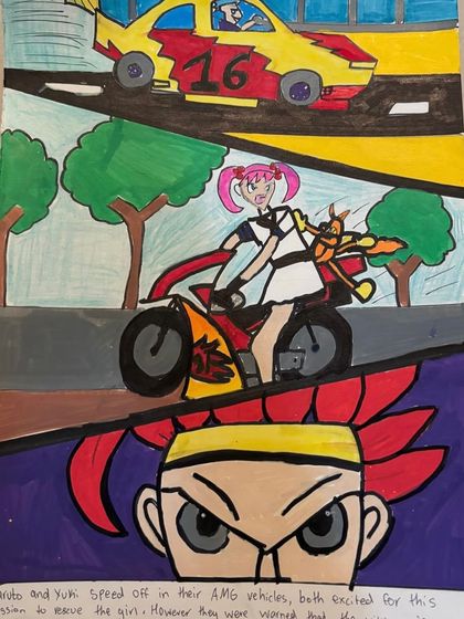 An action-packed panel from a student's comic. We guide students on how to draw dynamic scenes, convey movement, and build suspense in their visual storytelling.