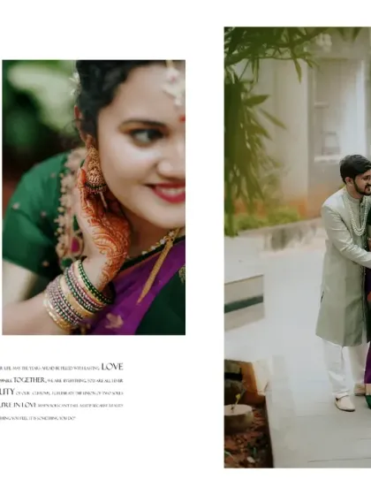 A collage from a beautiful South Indian engagement, showing the couple's loving interactions and the bride's stunning purple and green saree.