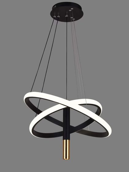 A contemporary chandelier with interlocking LED rings in black and gold. This fixture is ideal for modern living rooms or entryways, providing a bold geometric statement.